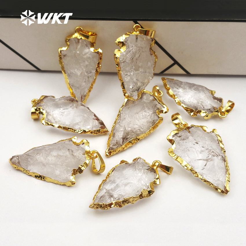 WT-P309 Hot Natural Druzy Quartz Pendants, 24k Gold Electroplated Crystal Arrowhead Pendant, Rock Crystal Gemstone Pendant