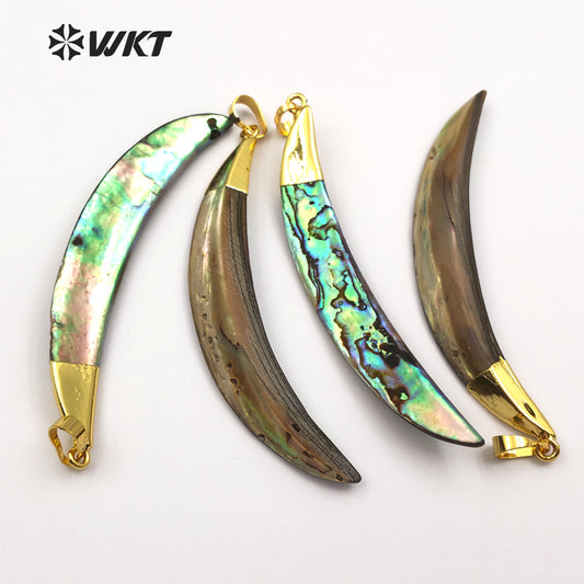 WT-P522 Wholesale Natural Abalone Shell Pendants Long Tusk Shell Abalone Pendants 18k Real Gold Plated Top Abalone Horn Pendants