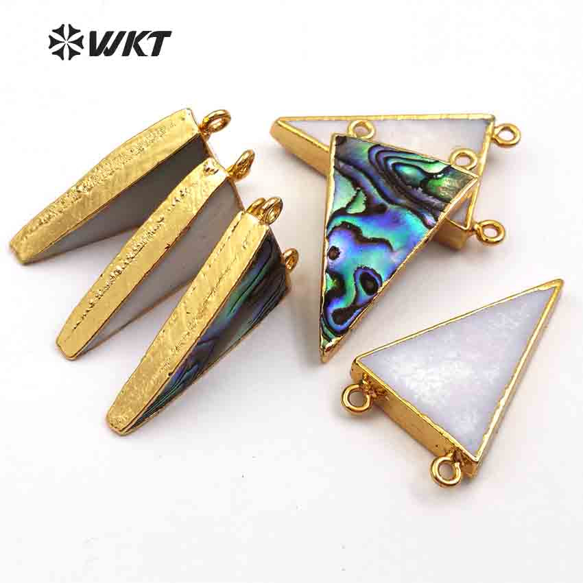 WT-P641 Wholesale Abalone Triangle Pendant, Fashion Abalone Pendant Jewelry Women Gold Trim Double Loops Shell Jewelry Pendant