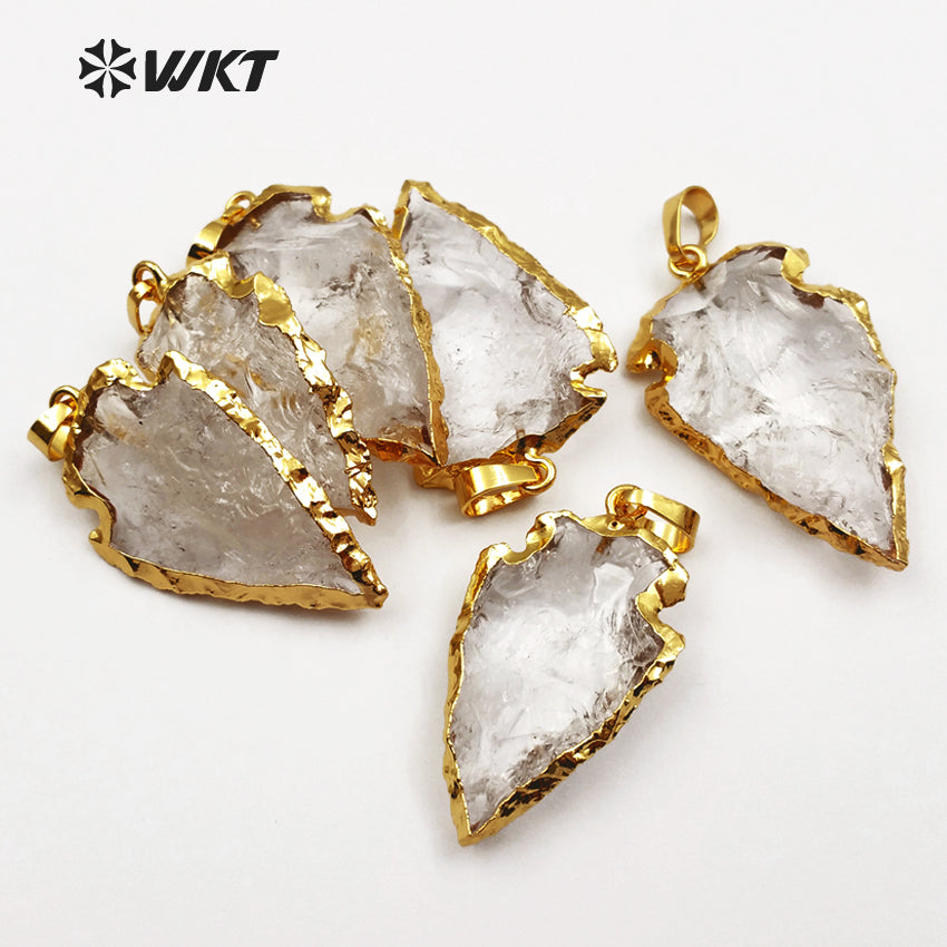 WT-P309 Hot Natural Druzy Quartz Pendants, 24k Gold Electroplated Crystal Arrowhead Pendant, Rock Crystal Gemstone Pendant
