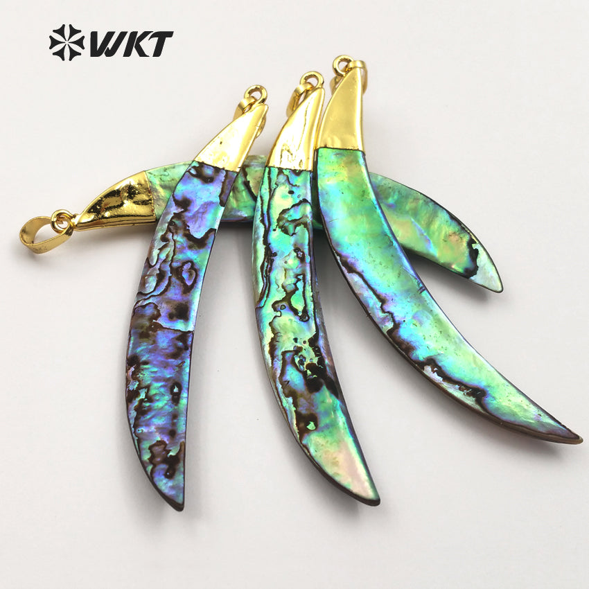 WT-P522 Wholesale Natural Abalone Shell Pendants Long Tusk Shell Abalone Pendants 18k Real Gold Plated Top Abalone Horn Pendants