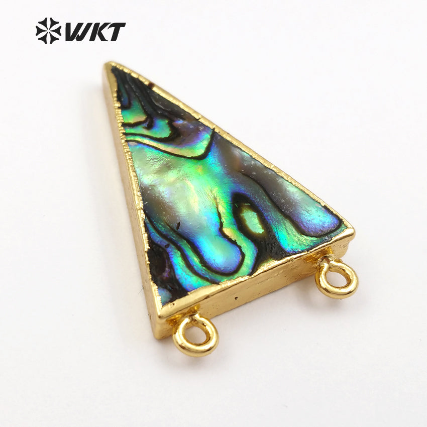 WT-P641 Wholesale Abalone Triangle Pendant, Fashion Abalone Pendant Jewelry Women Gold Trim Double Loops Shell Jewelry Pendant