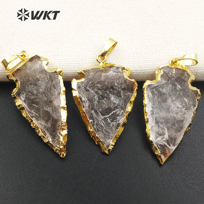 WT-P309 Hot Natural Druzy Quartz Pendants, 24k Gold Electroplated Crystal Arrowhead Pendant, Rock Crystal Gemstone Pendant