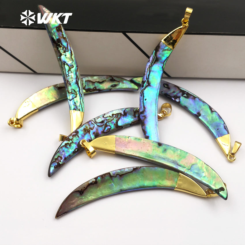 WT-P522 Wholesale Natural Abalone Shell Pendants Long Tusk Shell Abalone Pendants 18k Real Gold Plated Top Abalone Horn Pendants
