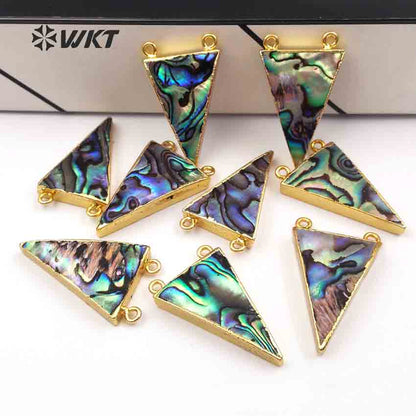 WT-P641 Wholesale Abalone Triangle Pendant, Fashion Abalone Pendant Jewelry Women Gold Trim Double Loops Shell Jewelry Pendant