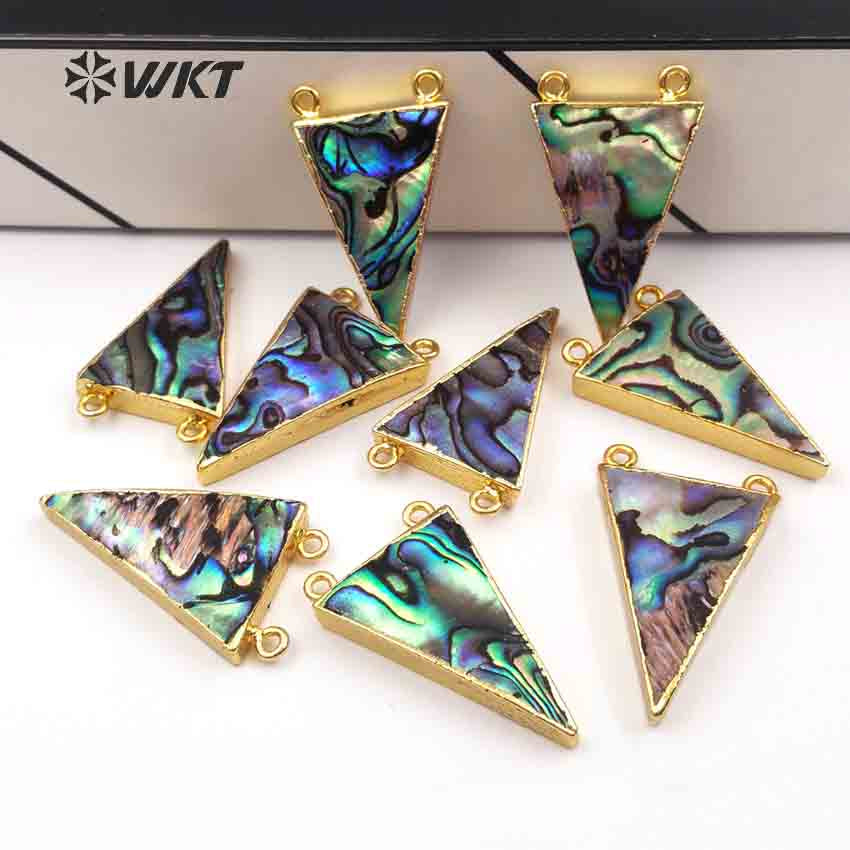 WT-P641 Wholesale Abalone Triangle Pendant, Fashion Abalone Pendant Jewelry Women Gold Trim Double Loops Shell Jewelry Pendant