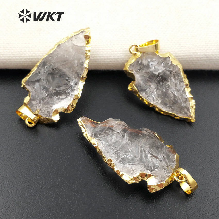 WT-P309 Hot Natural Druzy Quartz Pendants, 24k Gold Electroplated Crystal Arrowhead Pendant, Rock Crystal Gemstone Pendant