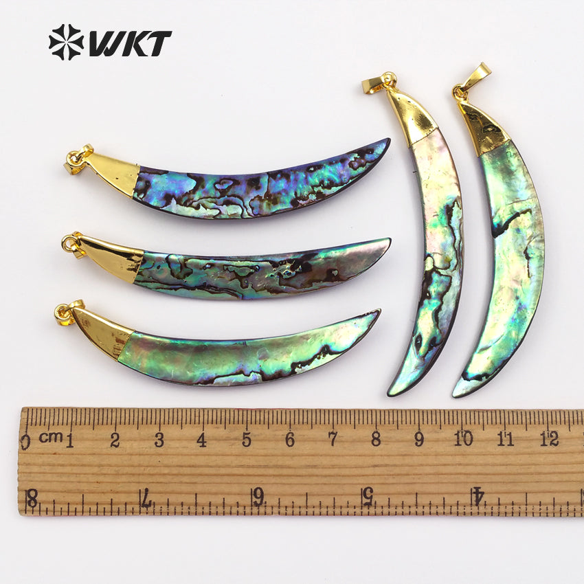 WT-P522 Wholesale Natural Abalone Shell Pendants Long Tusk Shell Abalone Pendants 18k Real Gold Plated Top Abalone Horn Pendants