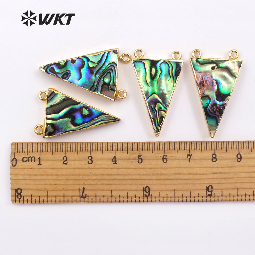 WT-P641 Wholesale Abalone Triangle Pendant, Fashion Abalone Pendant Jewelry Women Gold Trim Double Loops Shell Jewelry Pendant