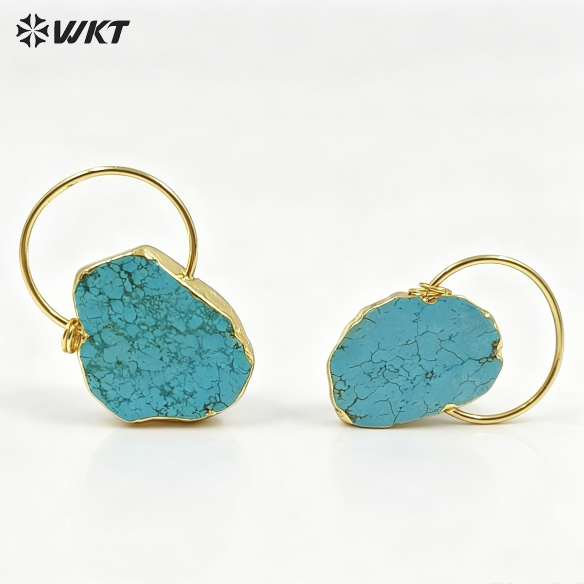 WT-P1372 Vintage Design Sky Blue Natural Stone With Half Circle and Double Tiny Loops Gold Trim Pendant for Jewelry Making