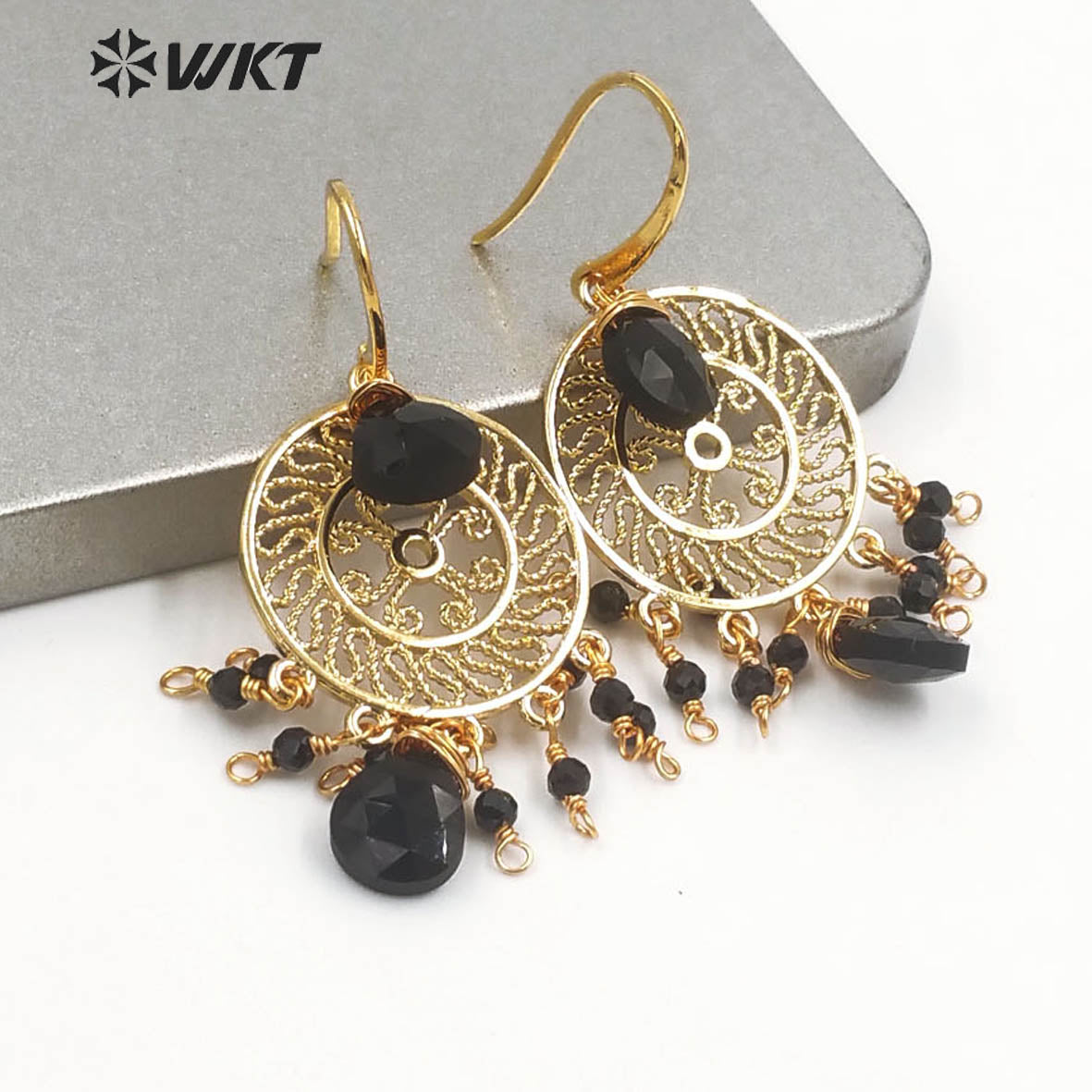 WT-E695 Bohemia Fashion Gold Gypsy Earrings with Natural Gemstone Made Dangle Earrings Handmade DIY Stone Hoop Earrings