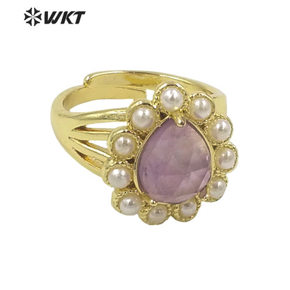 WT-MPR082 Amazing Delicate Fashion Gold Women 18K Plated Teardrop Open Adjustable Tiger Eye Stone Ring