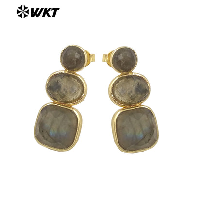 WT-E754 WKT Precious Triple Stone Assemble Handmade Setting Natural Amethyst Lapis Long Dangle Geometric Lady Earrings