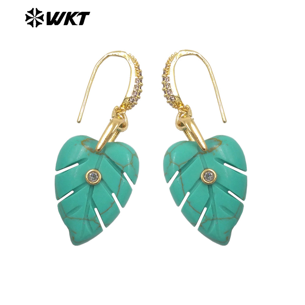 WT-E829 Wholesale Popular Zircon And Colorful Natural Gemstones Carved Leaf Shape Gold Earrings For Women Lovely Jewelry