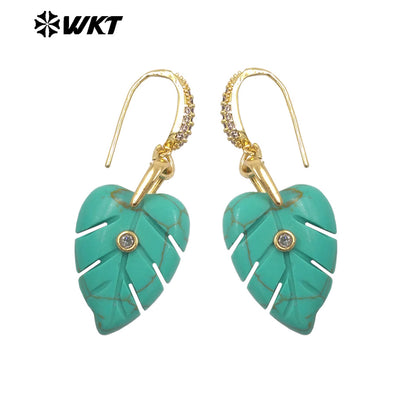 WT-E829 Wholesale Popular Zircon And Colorful Natural Gemstones Carved Leaf Shape Gold Earrings For Women Lovely Jewelry