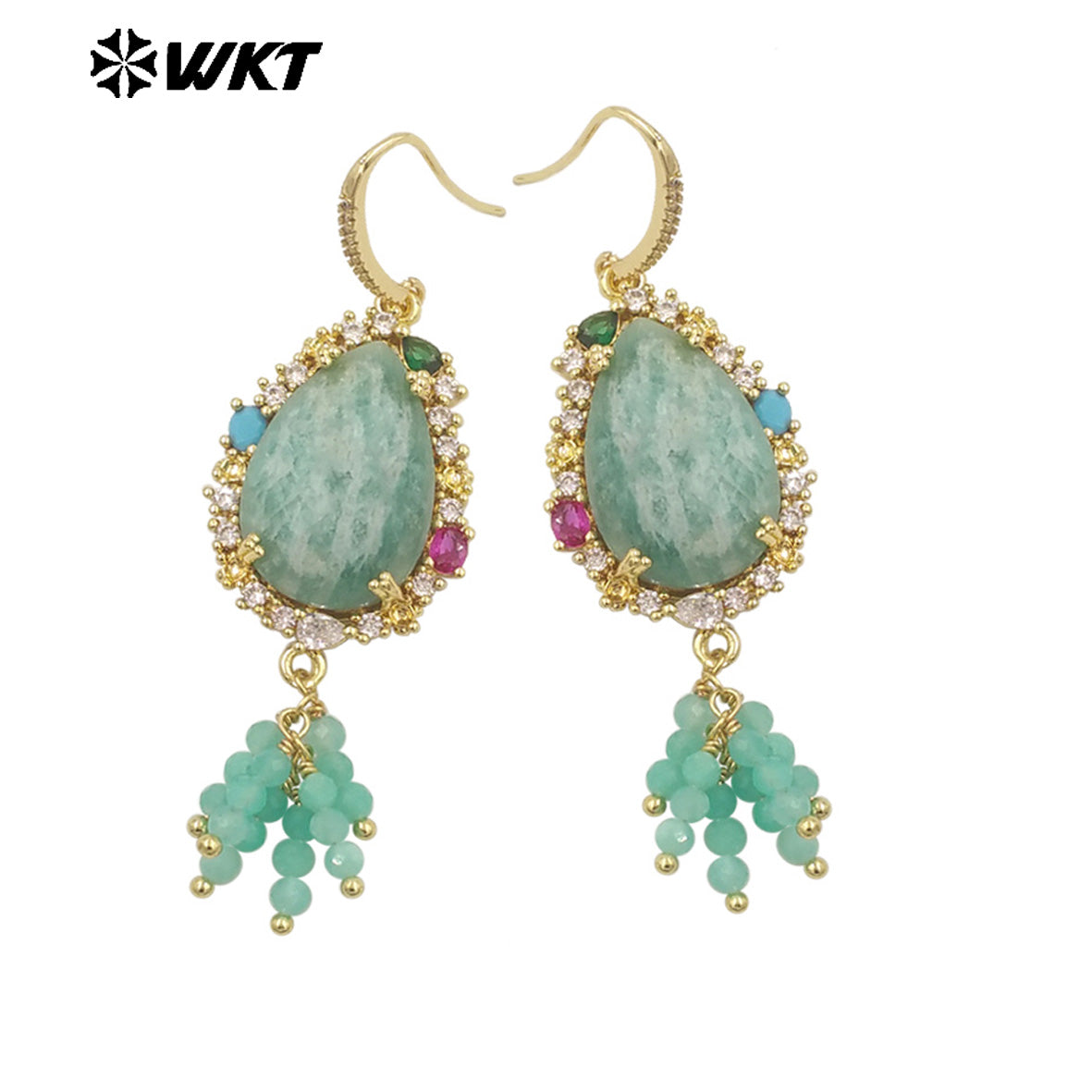 WT-ME107 WKT New Design Most Popular Handmade Wire Wrapped Tiny Beads Dangle Drop Stone Earring With Hoop Gold Party Studs