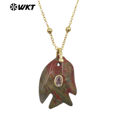WT-N1511 Ocean Series Bead Chain And Zircon Setting In Natural Gemstones Fish Shape Pendant Necklace As Lady Trendy Matching