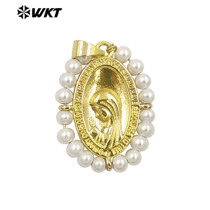 WT-MN995 WKT 18K Gold Plated Yellow Brass Metal Carved With Handmade Wire Wrapped Crystal Beads the Beauty Face Necklace