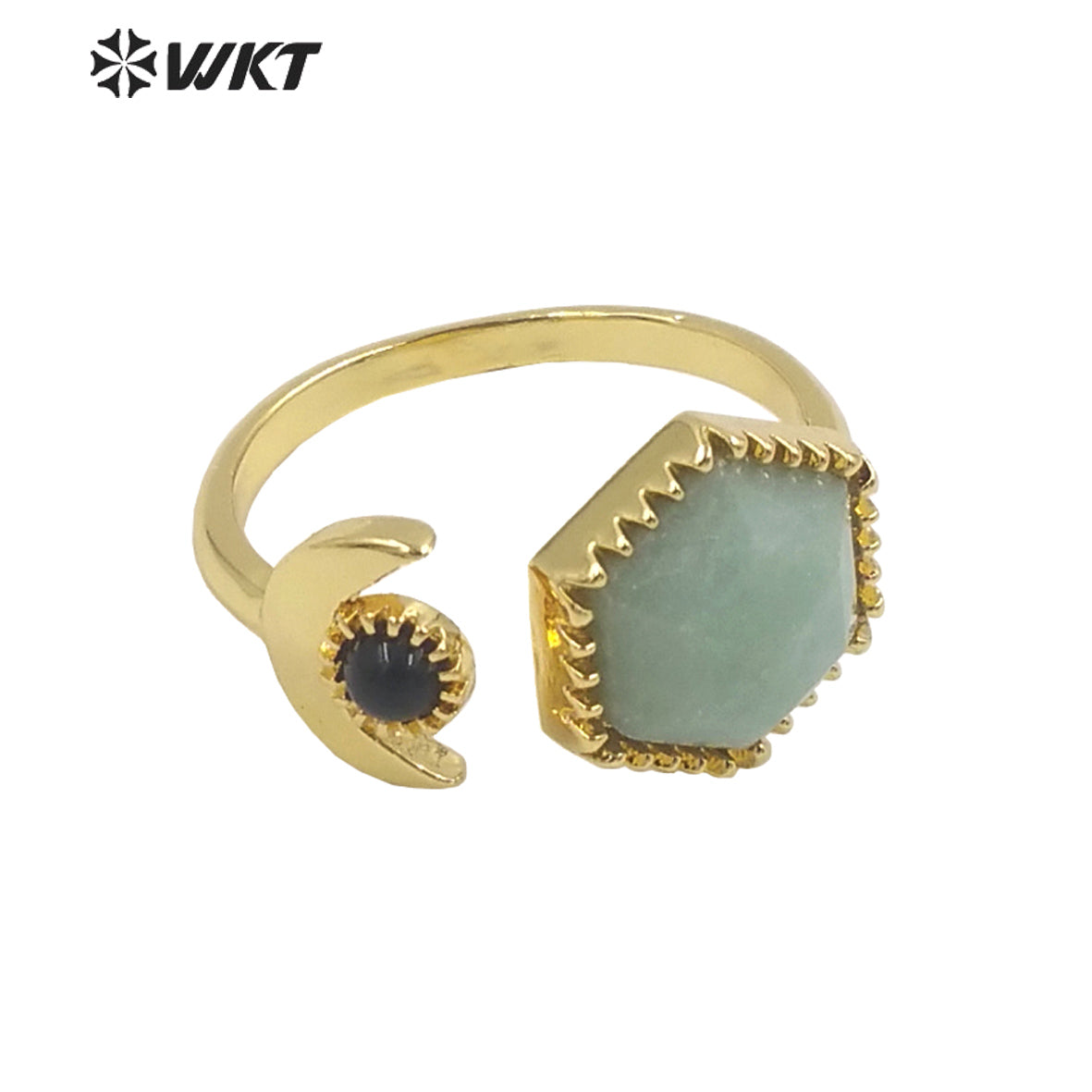 WT-R426 Delicate Fashion Gold Open Size Double Stone Ring Natural Gemstone Hexagon Double Stone Gold Bezel Ring for Girls