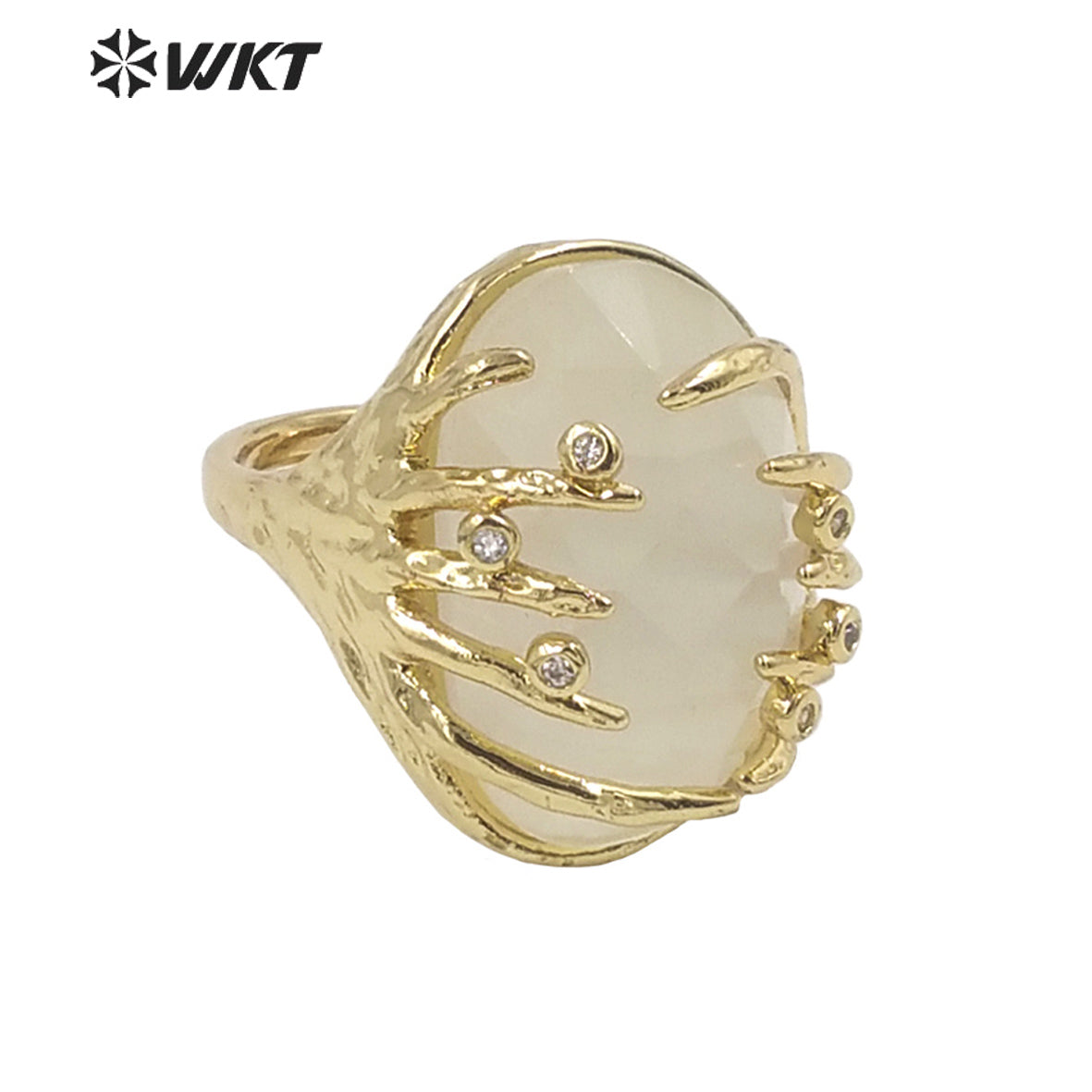 WT-R453 Wholesale Fashion Gold Bezel Claw Setting Oval Stone Ring Women Unique Trendy Cat Eye Stone Made Jewelry Party Ring