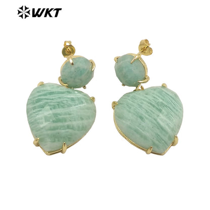 WT-E719 First Choice Hot Natural Gemstone Carved Heart Earrings for Lovers 18k Gold Plated Lapis Amethyst Stone Anniversary Stud