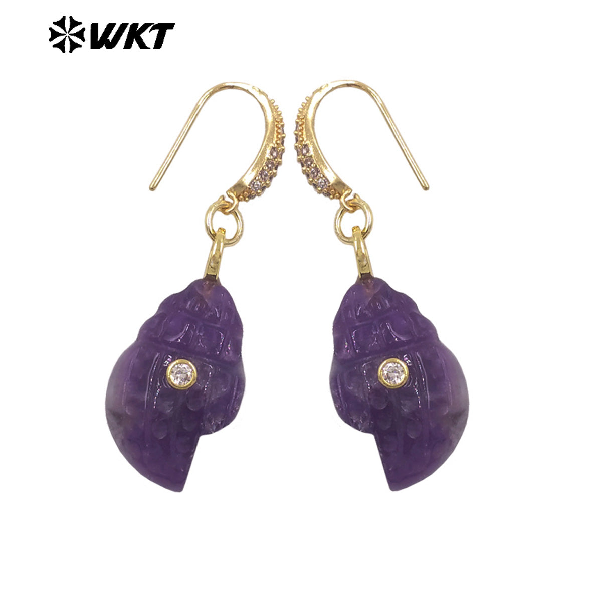 WT-E828 New Product Zircon And Various Natural Gemstones Conch Shape Gold Earrings For Girls Summer Beach Wearing Accessory