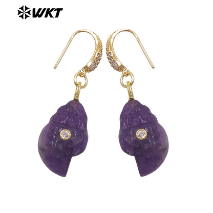 WT-E828 New Product Zircon And Various Natural Gemstones Conch Shape Gold Earrings For Girls Summer Beach Wearing Accessory