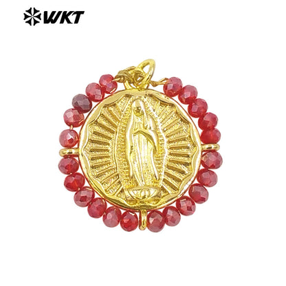 WT-MN986 Amazing New Hand Made Design Wire Wrapped Beads Decorate Big Round Religious Virgin of Guadalupe Necklace