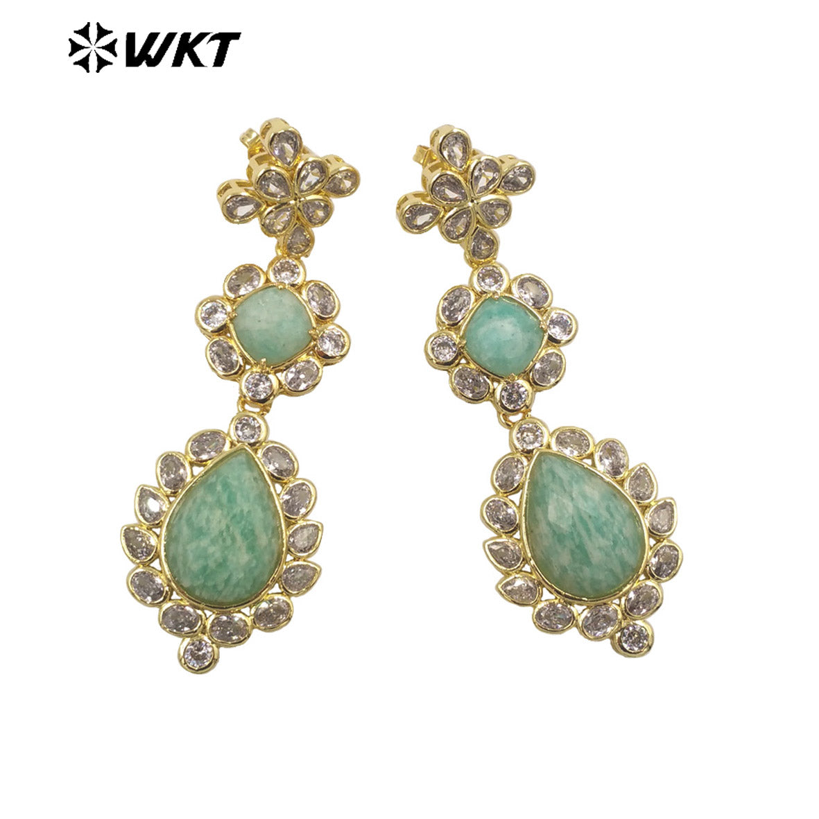 WT-ME088 WKT New Design 18K Real Gold Plated Multi Kinds of Gemstone Earrings Natural Lapis Drop Long Stone Studs for Gift