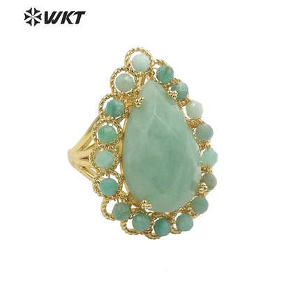 WT-R458 Gorgeous Invisible Setting Natural Teardrop Stone Ring 18k Gold Plated Precious Gemstone Drop Anniversary Ring