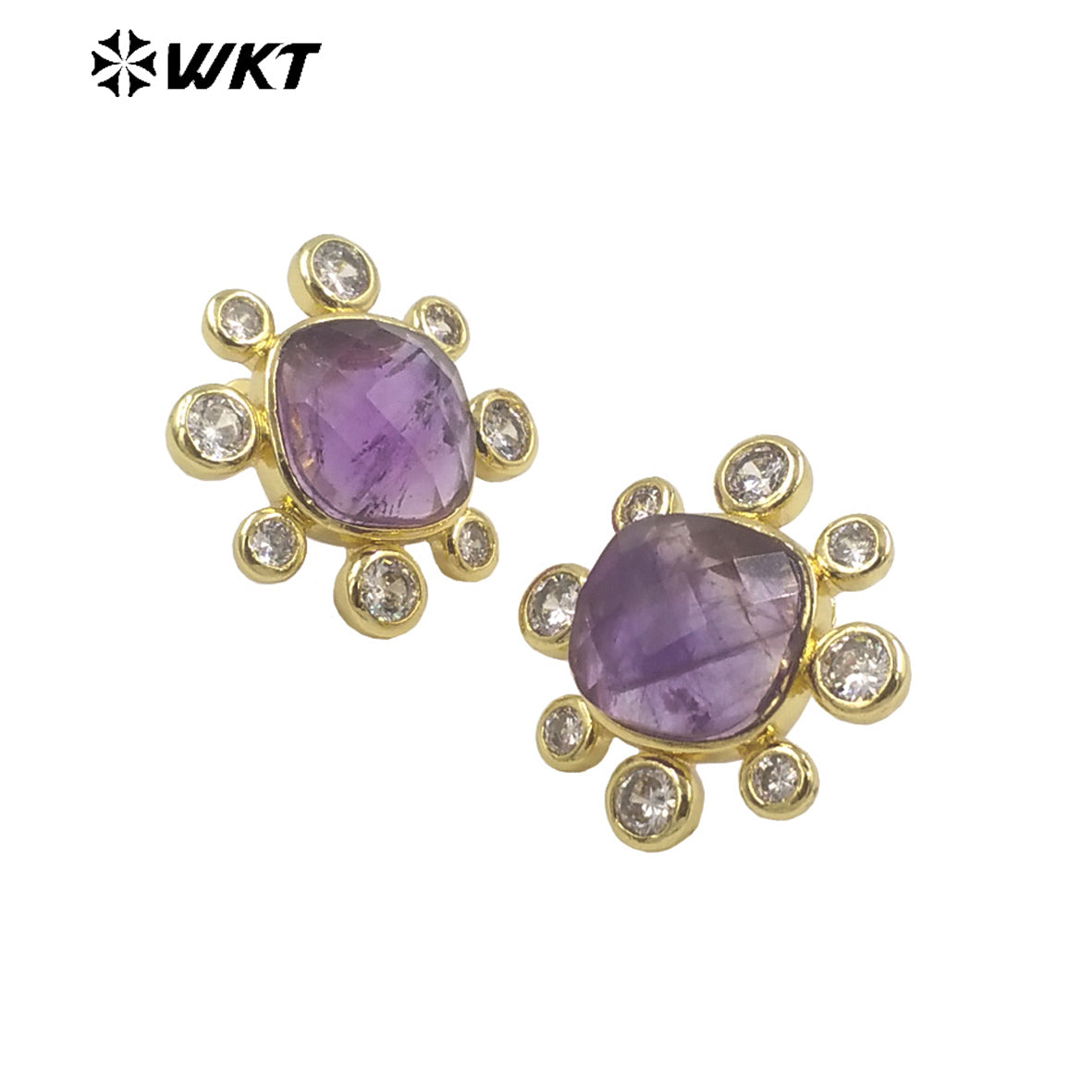 WT-ME091 Wholesale Newest Fashion square Gemstone with clear Cubic Zircon Around Setting Earrings Studs Gold Birthday Earring
