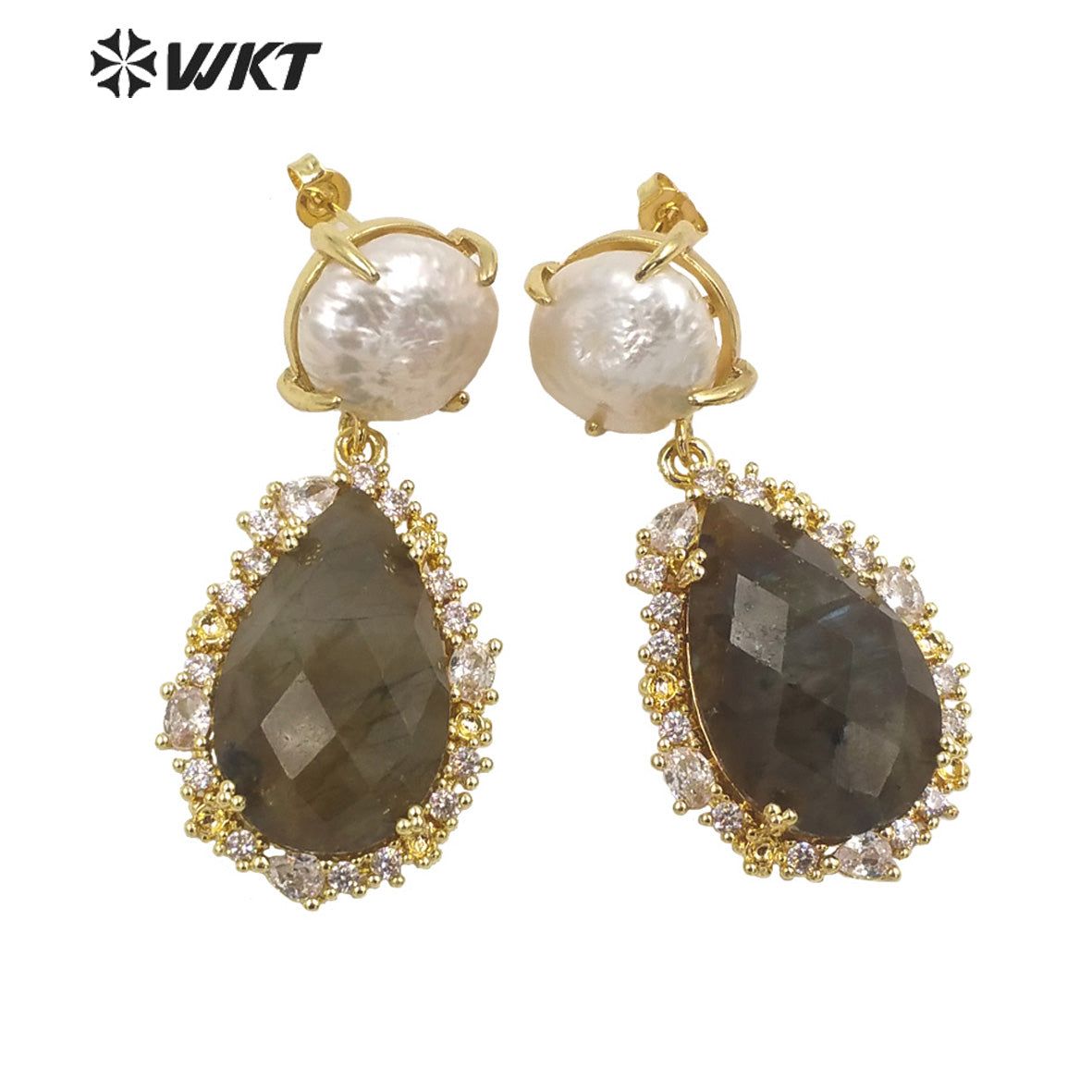 WT-E698 Unique Micropaved Gold Bezel Cubic Zircon Natural Teardrop Stone Pearl Earrings Gorgeous Drop Turquoise Stud Earrings