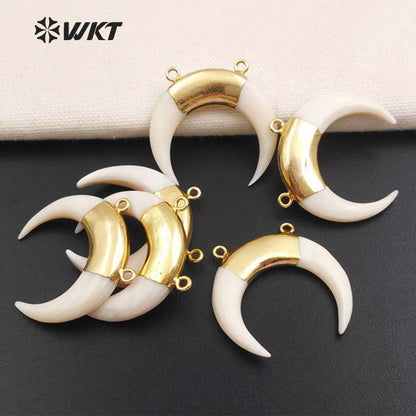 WT-P738 Newest Exclusive White Crescent Pearl Horn Pendant, Gold Plated Double Loops White Crescent Pearl Horn Pendant