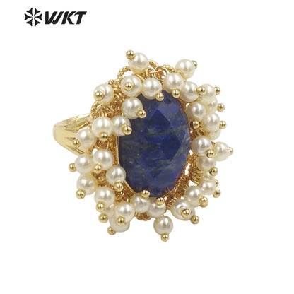 WT-MPR071 Gorgeous Trendy Fashion Natural Pearl and Gemstone Ring 18k Gold Plating for Women Lucky Unique Design Ring