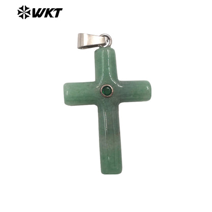 WT-P2070 Religious Style Silver Plated Zircon And Multi Natural Gemstones Cross Pendants As Boy Girl Handmade Jewelry Making