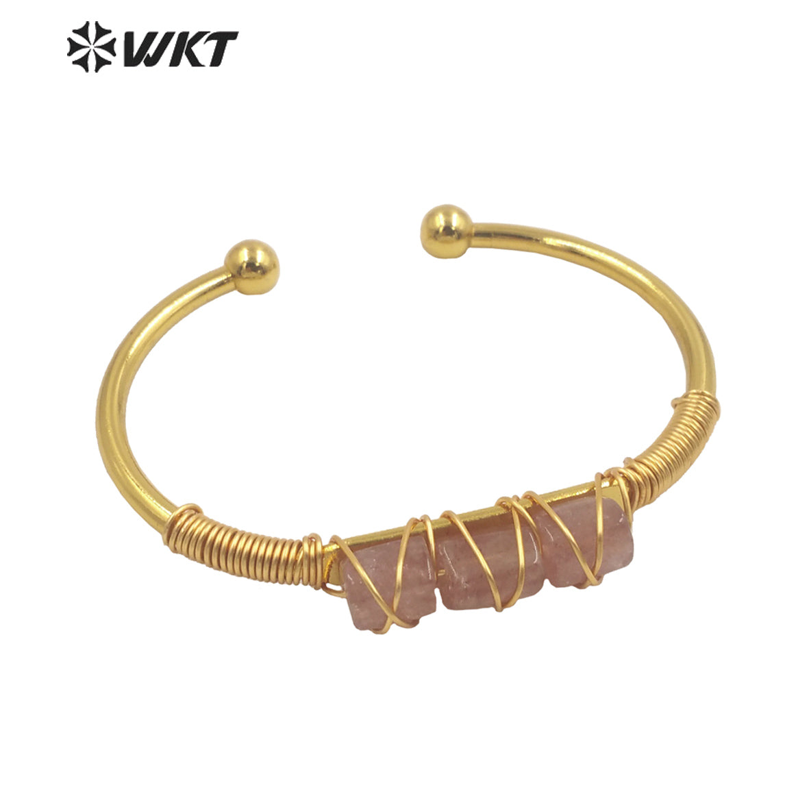 WT-B615 Wholesale New Women Handmade Wire Wrapped Natural Gemstone Cuff Bangle in Open Size Boho Stone Bangle for Friends