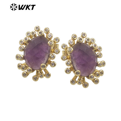 WT-ME092 Wholesale Newest Fashion square Gemstone with clear Cubic Zircon Around Setting Micro Pave Earrings Studs