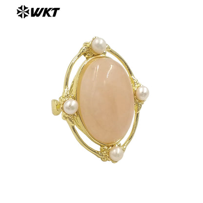 WT-R541 Wholesale Fashion Gold Plated Retro Natural Gemstone Lapis Amethyst Oval Stone With Pearl Beads Adjustable Women Ring