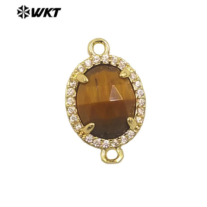 WT-C336 Stylish Little Zircon Round Colorful Natural Gemstone Double Hoop Connector Pendant for Women DIY Necklace Accessories