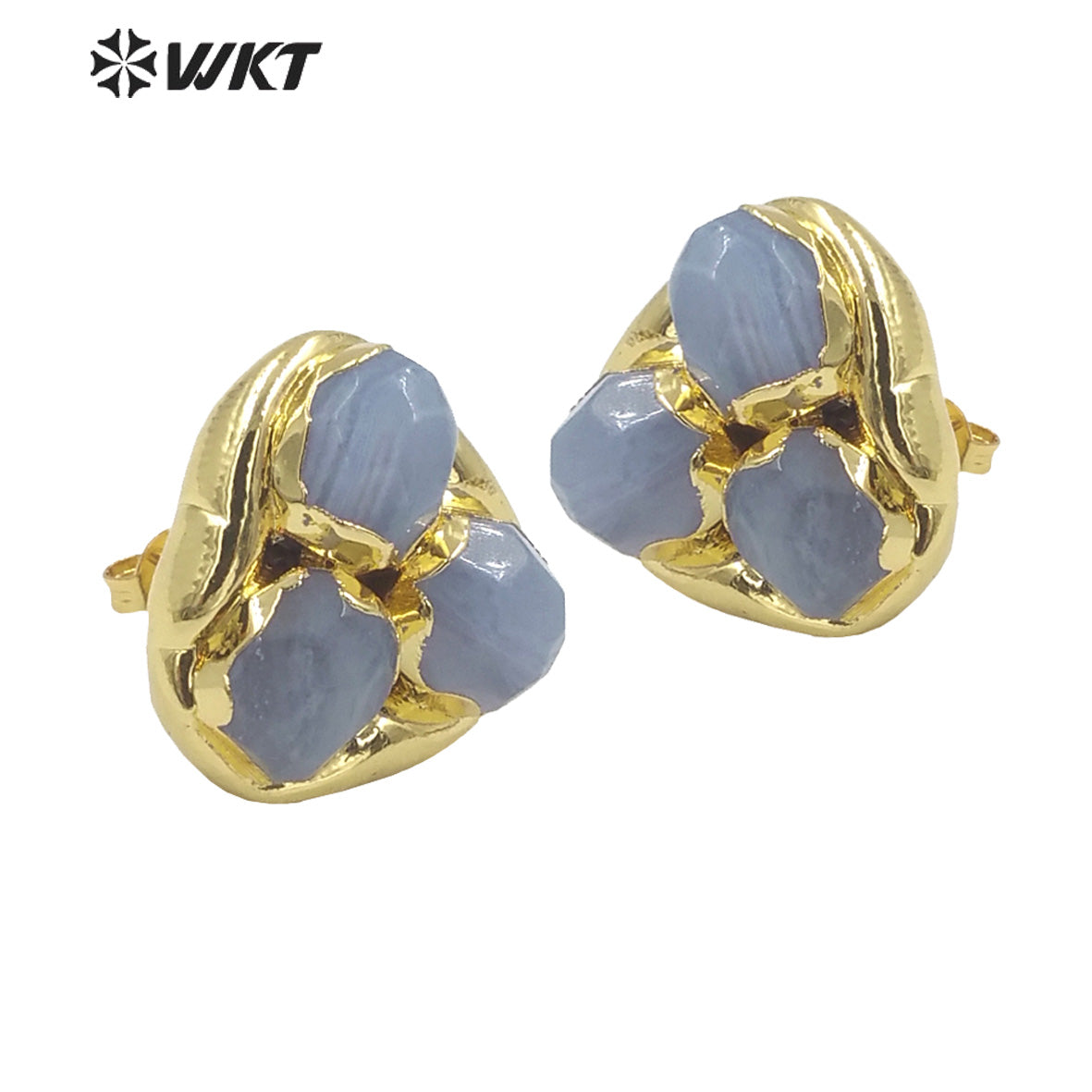 WT-E748 Newest WKT Exclusive Design Natural Triple Assemble Blue Agate Flower Shape Stone Studs America Hot Earrings