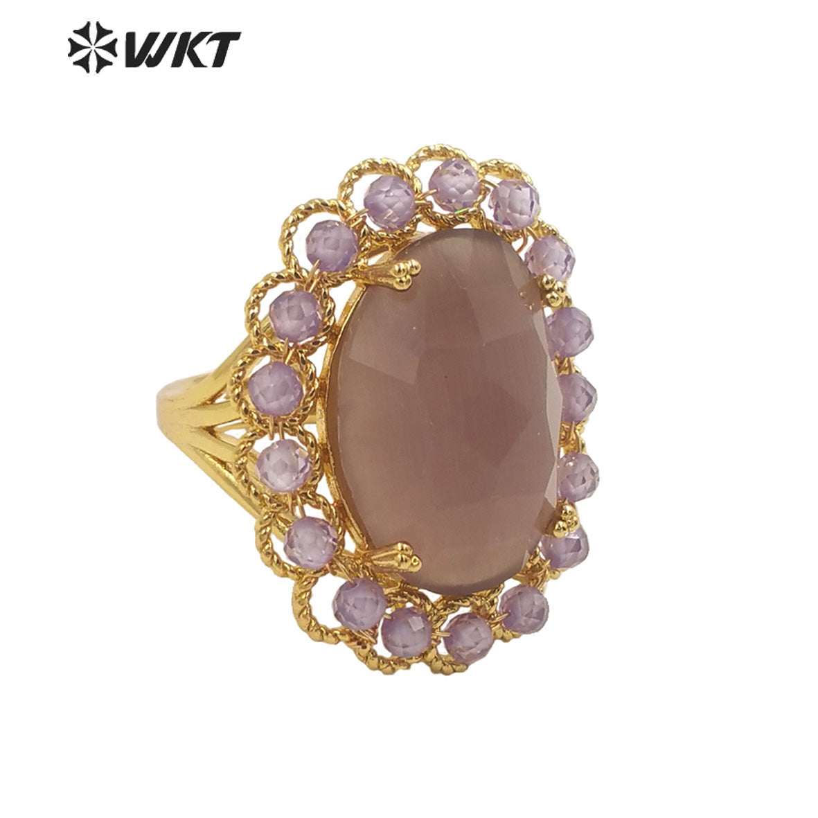 WT-R459 WKT Wholesale New Women 18k Gold Plated Resist Tarnishable Oval Cat Eye Stone Ring Charming Stone Beads Beauty Ring