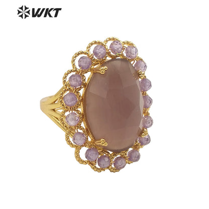 WT-R459 WKT Wholesale New Women 18k Gold Plated Resist Tarnishable Oval Cat Eye Stone Ring Charming Stone Beads Beauty Ring
