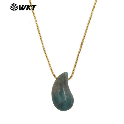 WT-N1483 WKT Wholesale New Design Natural Gemstone Necklace With Gold Color Tiny Chain Waterdrop Shape Female Birthday Jewelry