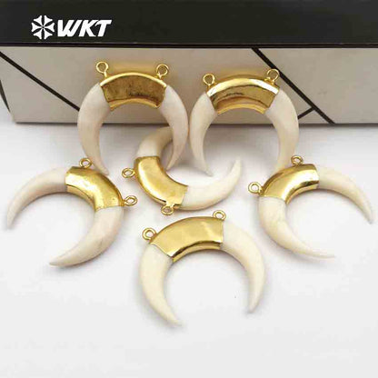 WT-P738 Newest Exclusive White Crescent Pearl Horn Pendant, Gold Plated Double Loops White Crescent Pearl Horn Pendant