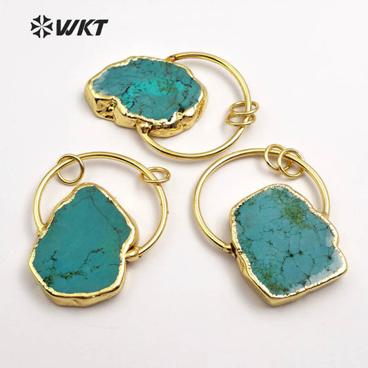WT-P1372 Vintage Design Sky Blue Natural Stone With Half Circle and Double Tiny Loops Gold Trim Pendant for Jewelry Making