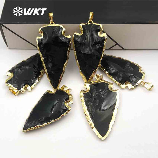 WT-P239 Wholesale Black Obsidian Arrowhead Carved Pendants, Fashion Energy Natural Raw Stone Arrowhead Obsidian Pendants