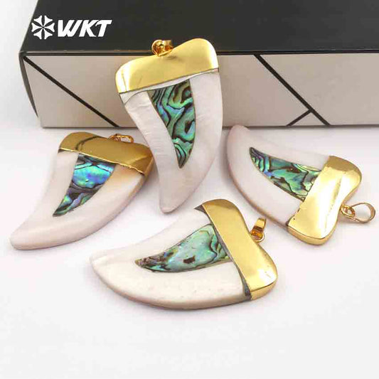 WT-P666 Wholesale Natural Gold Plated White Shell Horn Pendant Popular Fashion Shell Horn Pendant with Abalone Mix