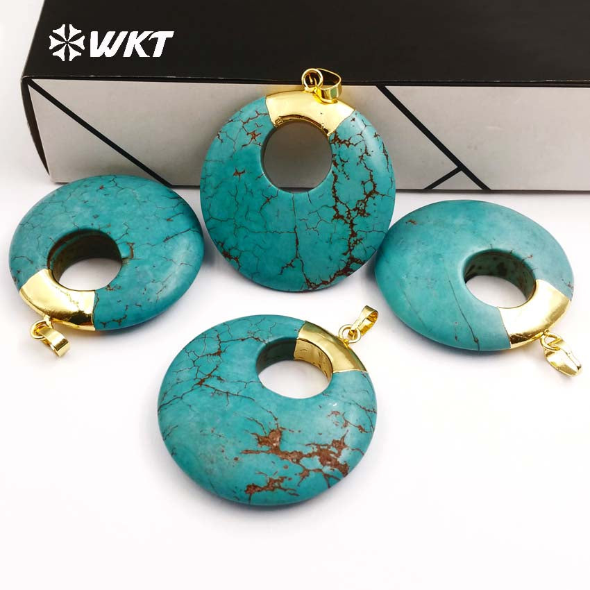 WT-P1374 Unique Design Donut Shape Pendant Sky Blue Natural Stone With Gold Trim Pendant in Top for Women Jewelry Making