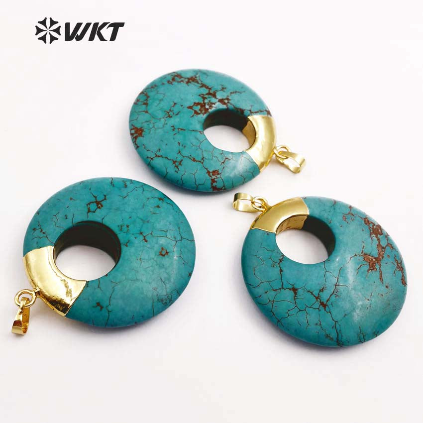 WT-P1374 Unique Design Donut Shape Pendant Sky Blue Natural Stone With Gold Trim Pendant in Top for Women Jewelry Making