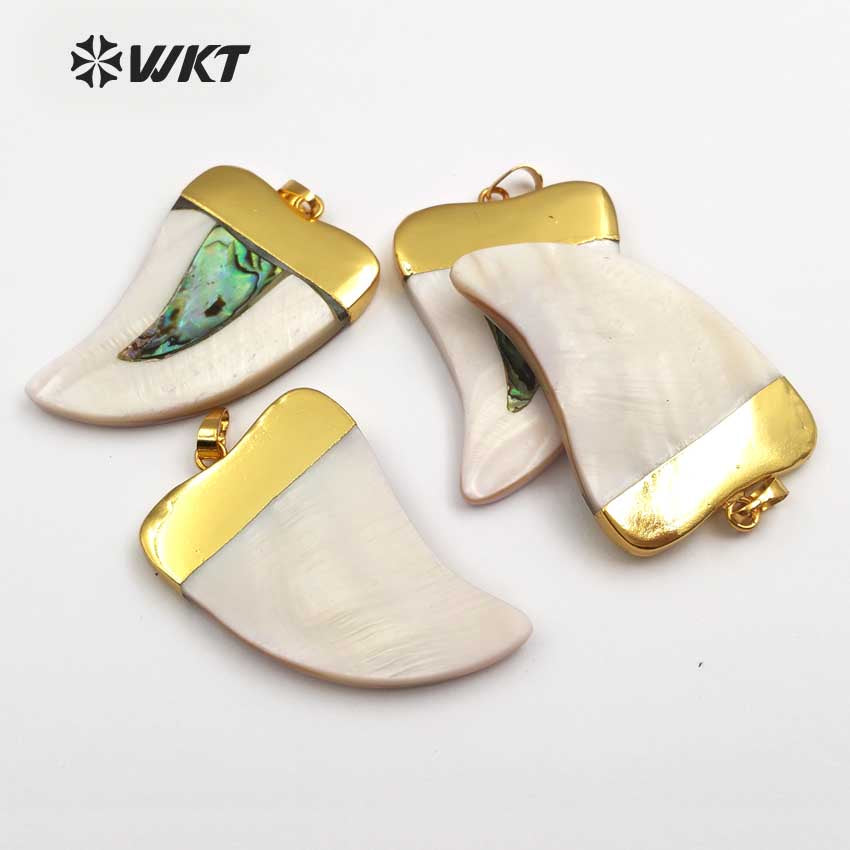 WT-P666 Wholesale Natural Gold Plated White Shell Horn Pendant Popular Fashion Shell Horn Pendant with Abalone Mix